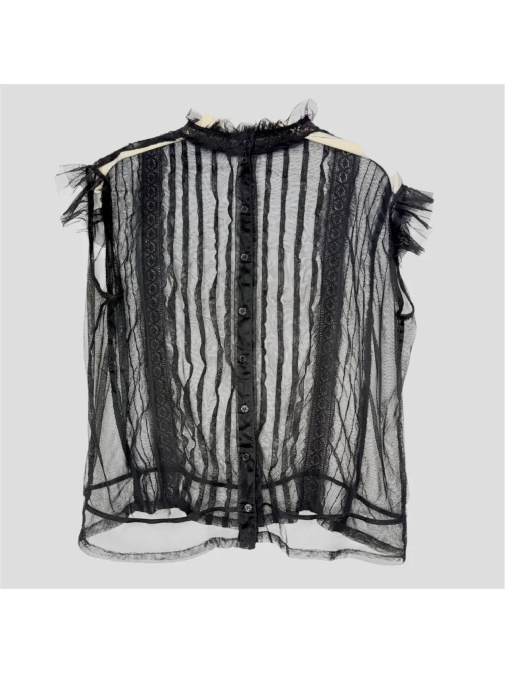 Vintage Black Mesh Pin-Tuck Lace Blouse M Back Ruffle Neck Whimsigoth Fairy Goth - Picture 7 of 16